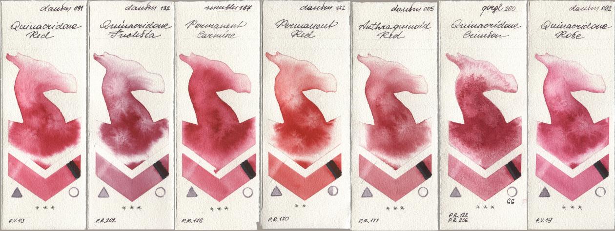 Daniel Smith 091 Quinacridone Red, 132 Quinacridone Fuchsia, Maimeri Blu 167 Permanent Carmine, 072 Permanent Red, 005 Anthraquinoid Red, Golden QOR 260 Quinacridone Crimson, 092 Quinacridone Ro watercolor swatch