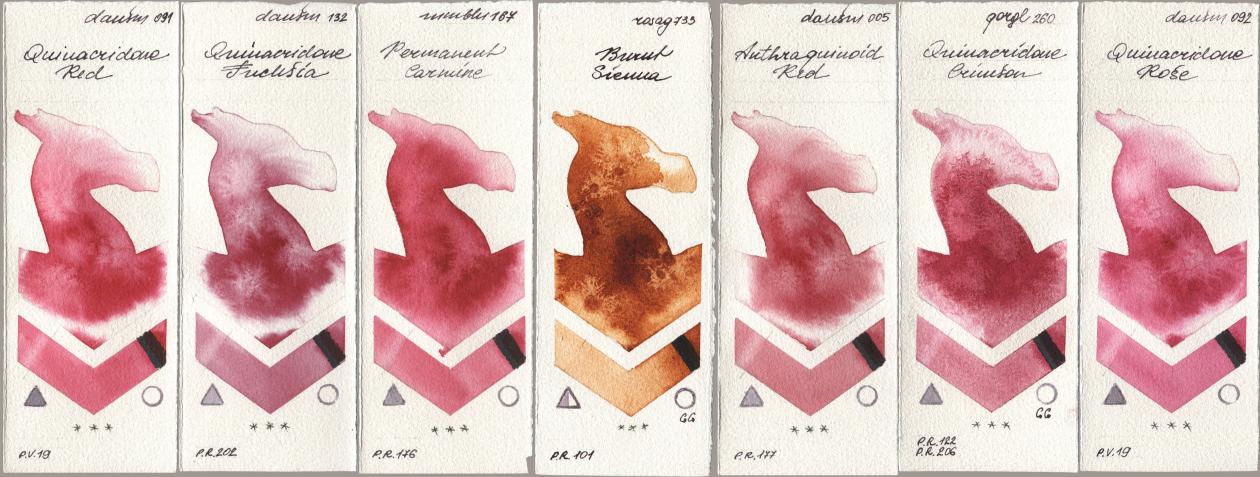 Daniel Smith 091 Quinacridone Red, 132 Quinacridone Fuchsia, Maimeri Blu 167 Permanent Carmine, Rosa Gallery 733 Burnt Sienna, 005 Anthraquinoid Red, Golden QOR 260 Quinacridone Crimson, 092 Quinacridone Ro watercolor swatch