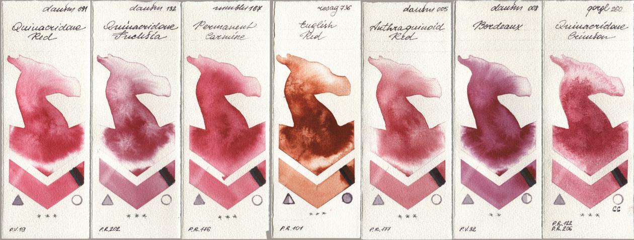 Daniel Smith 091 Quinacridone Red, 132 Quinacridone Fuchsia, Maimeri Blu 167 Permanent Carmine, Rosa Gallery 736 English Red, 005 Anthraquinoid Red, 008 Bordeaux, Golden QOR 260 Quinacridone Crims watercolor swatch