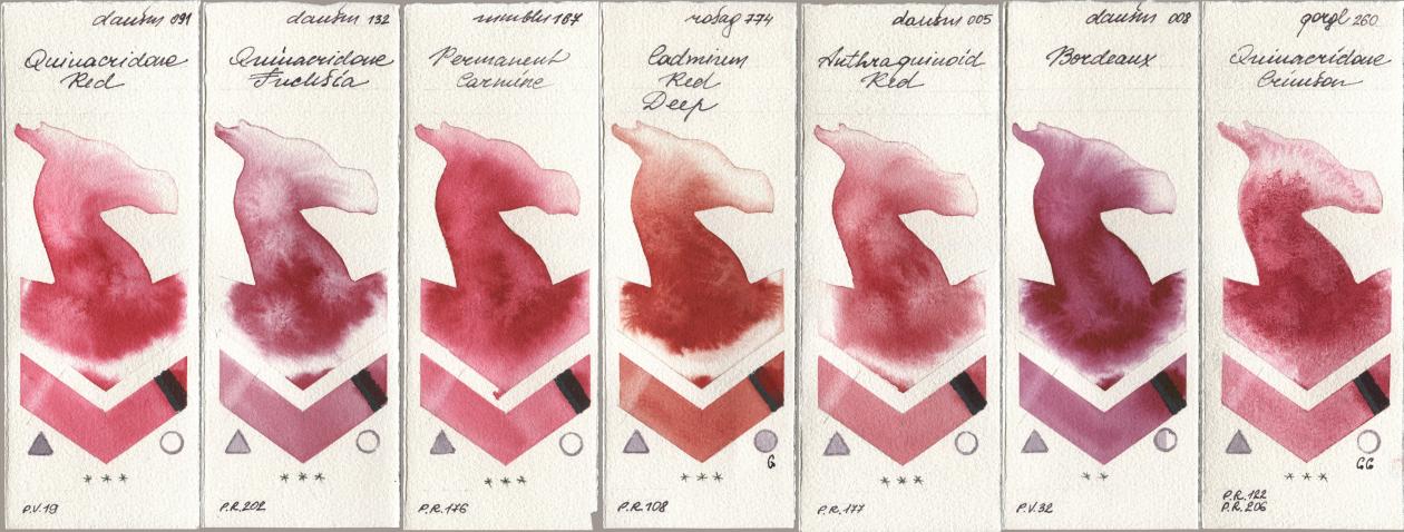 Daniel Smith 091 Quinacridone Red, 132 Quinacridone Fuchsia, Maimeri Blu 167 Permanent Carmine, Rosa Gallery 774 Cadmium Red Deep, 005 Anthraquinoid Red, 008 Bordeaux, Golden QOR 260 Quinacridone Crims watercolor swatch