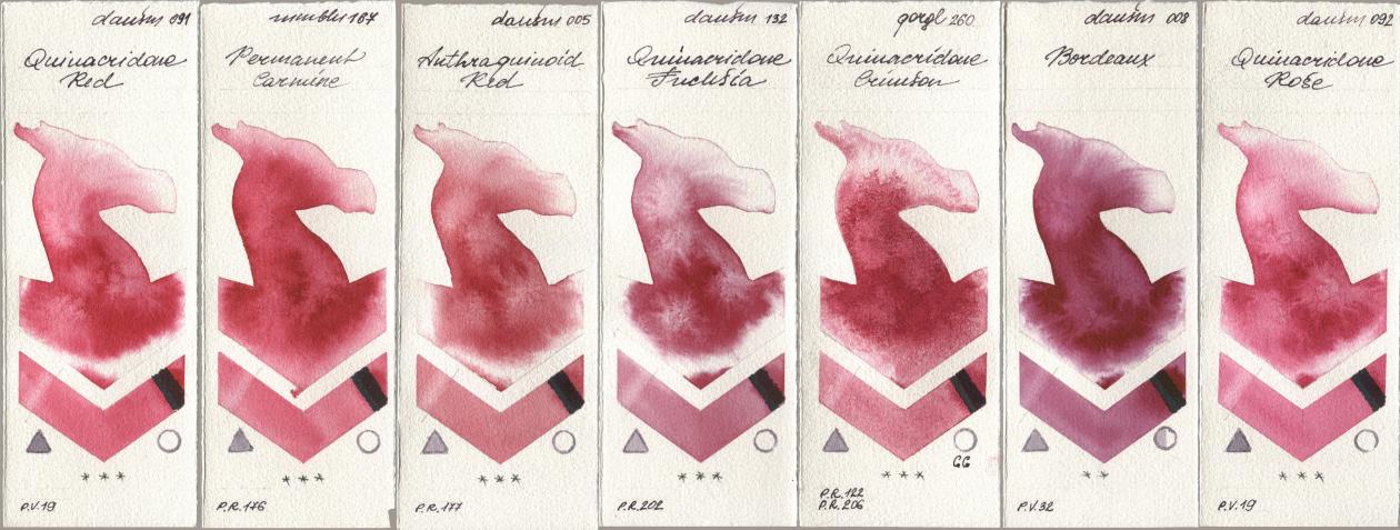 Daniel Smith 091 Quinacridone Red, Maimeri Blu 167 Permanent Carmine, 005 Anthraquinoid Red, 132 Quinacridone Fuchsia, Golden QOR 260 Quinacridone Crimson, 008 Bordeaux, 092 Quinacridone Ro watercolor swatch