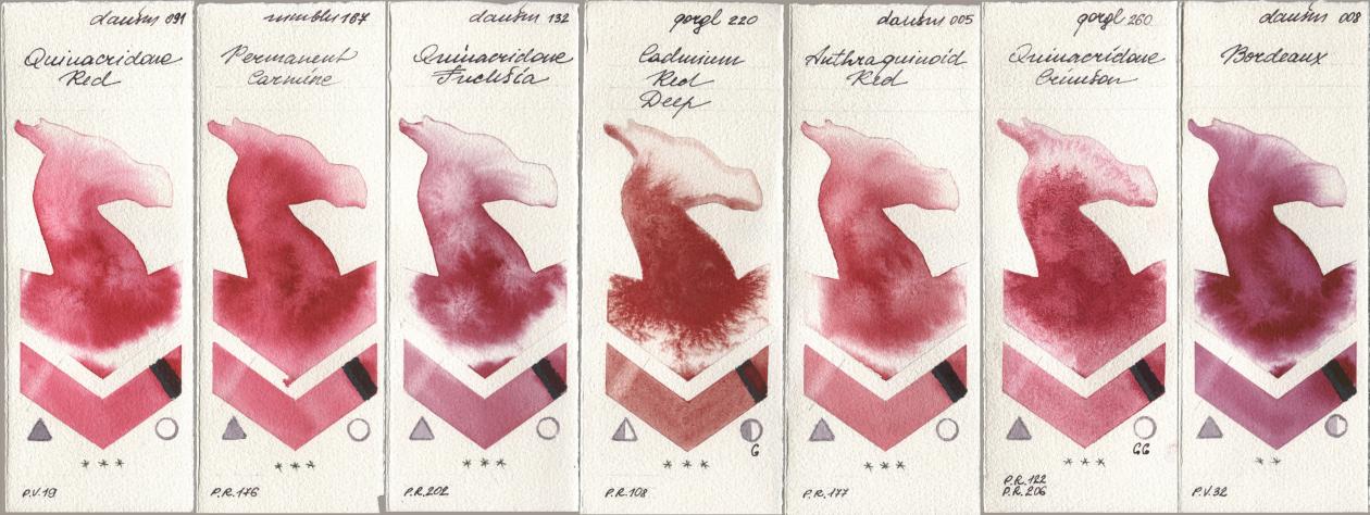 Daniel Smith 091 Quinacridone Red, Maimeri Blu 167 Permanent Carmine, 132 Quinacridone Fuchsia, Golden QOR 220 Cadmium Red Deep, 005 Anthraquinoid Red, 260 Quinacridone Crimson, 008 Bordea watercolor swatch