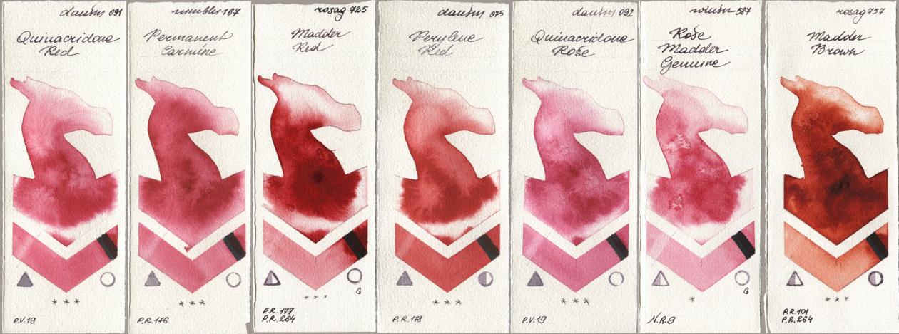 Daniel Smith 091 Quinacridone Red, Maimeri Blu 167 Permanent Carmine, Rosa Gallery 725 Madder Red, 075 Perylene Red, 092 Quinacridone Rose, Winsor & Newton Professional 587 Rose Madder Genuine, 757 Madder Bro watercolor swatch