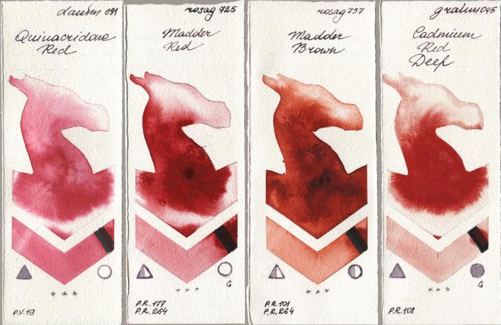 Daniel Smith 091 Quinacridone Red, Rosa Gallery 725 Madder Red, 757 Madder Brown, M. Graham & Co. Artists 045 Cadmium Red De watercolor swatch