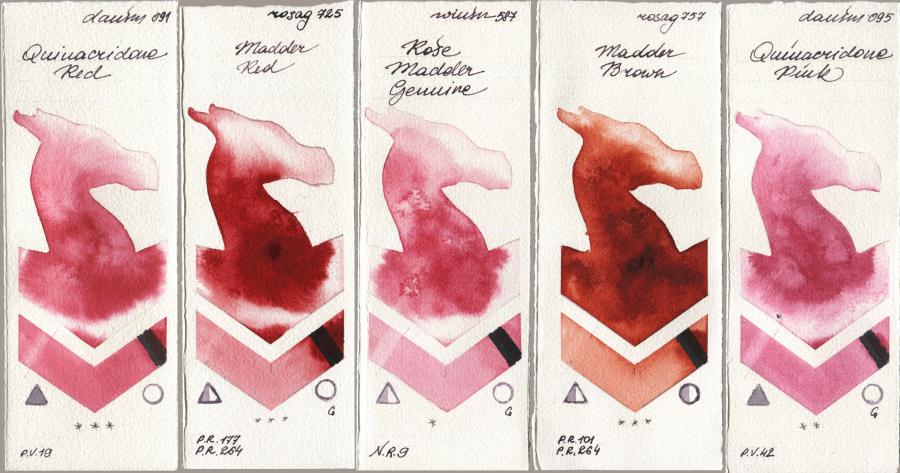 Daniel Smith 091 Quinacridone Red, Rosa Gallery 725 Madder Red, Winsor & Newton Professional 587 Rose Madder Genuine, 757 Madder Brown, 095 Quinacridone Pi watercolor swatch