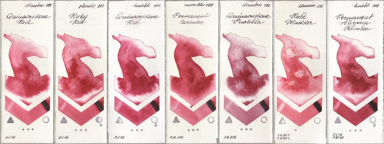 Daniel Smith 091 Quinacridone Red, Shminke Horadam Aquarell 351 Ruby Red, Holbein Artists Watercolor 005 Quinacridone Red, Maimeri Blu 167 Permanent Carmine, 132 Quinacridone Fuchsia, 356 Rose Madder, 009 Permanent Alizarin Crims watercolor swatch