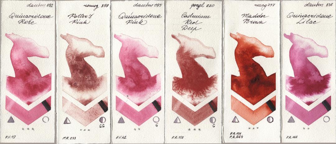 Daniel Smith 092 Quinacridone Rose, Roman Szmal Aquarius 359 Potters Pink, 095 Quinacridone Pink, Golden QOR 220 Cadmium Red Deep, Rosa Gallery 757 Madder Brown, 236 Quinacridone Lil watercolor swatch