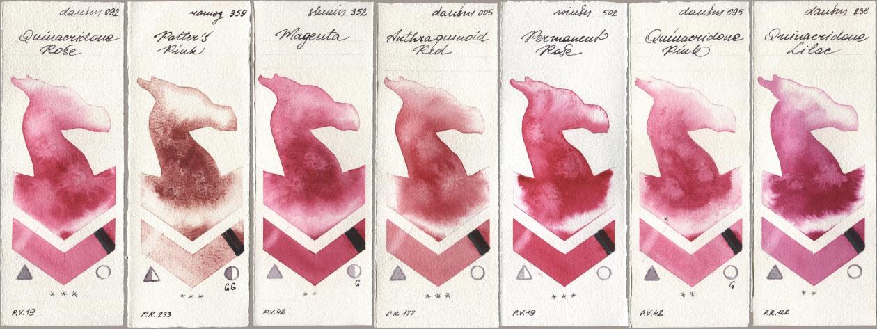 Daniel Smith 092 Quinacridone Rose, Roman Szmal Aquarius 359 Potters Pink, Shminke Horadam Aquarell 352 Magenta, 005 Anthraquinoid Red, Winsor & Newton Professional 502 Permanent Rose, 095 Quinacridone Pink, 236 Quinacridone Lil watercolor swatch