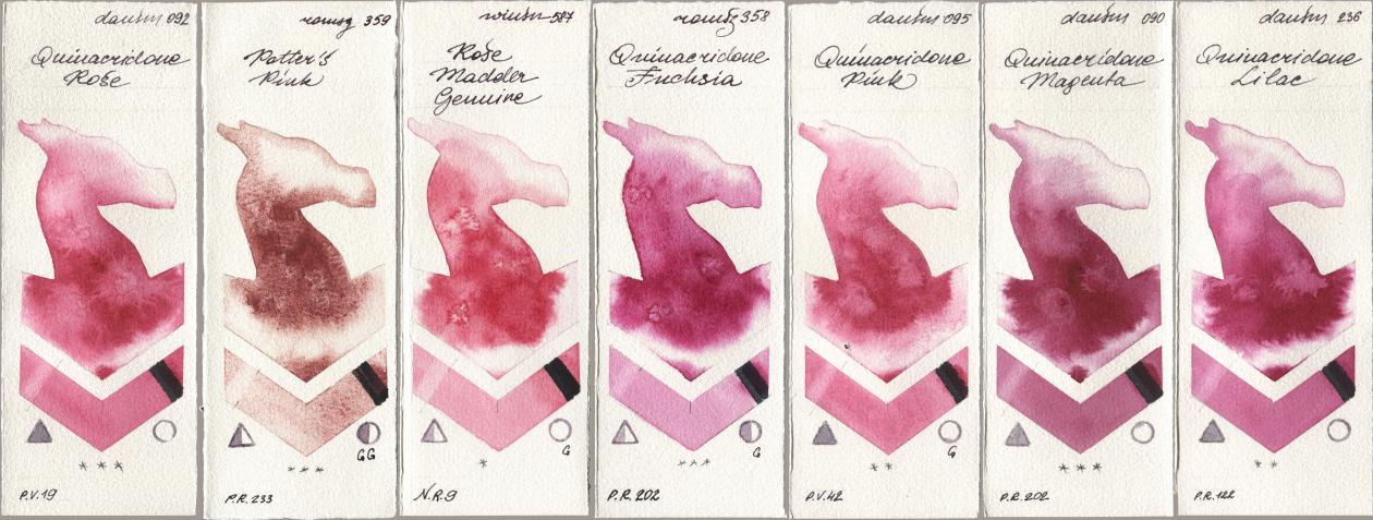 Daniel Smith 092 Quinacridone Rose, Roman Szmal Aquarius 359 Potters Pink, Winsor & Newton Professional 587 Rose Madder Genuine, 358 Quinacridone Fuchsia, 095 Quinacridone Pink, 090 Quinacridone Magenta, 236 Quinacridone Lil watercolor swatch