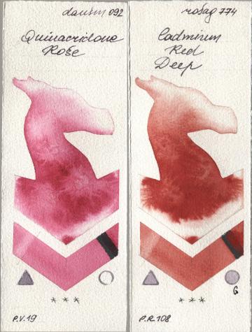 Daniel Smith 092 Quinacridone Rose, Rosa Gallery 774 Cadmium Red De watercolor swatch