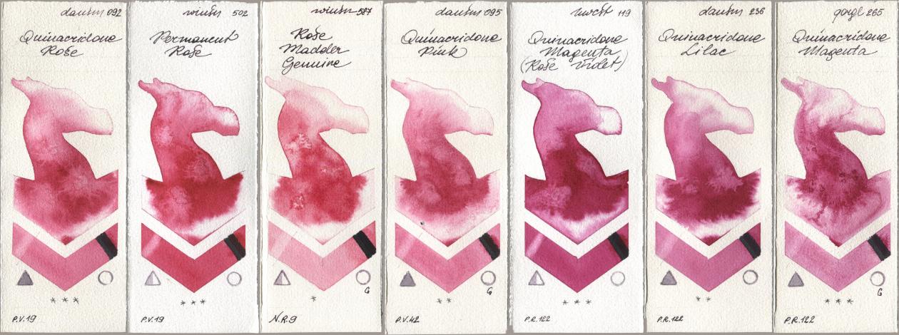 Daniel Smith 092 Quinacridone Rose, Winsor & Newton Professional 502 Permanent Rose, 587 Rose Madder Genuine, 095 Quinacridone Pink, Holbein Artists Watercolor 119 Quinacridone Magenta (Rose Violet), 236 Quinacridone Lilac, Golden QOR 265 Quinacridone Magen watercolor swatch