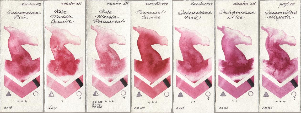 Daniel Smith 092 Quinacridone Rose, Winsor & Newton Professional 587 Rose Madder Genuine, 237 Rose Madder Permanent, Maimeri Blu 167 Permanent Carmine, 095 Quinacridone Pink, 236 Quinacridone Lilac, Golden QOR 265 Quinacridone Magen watercolor swatch