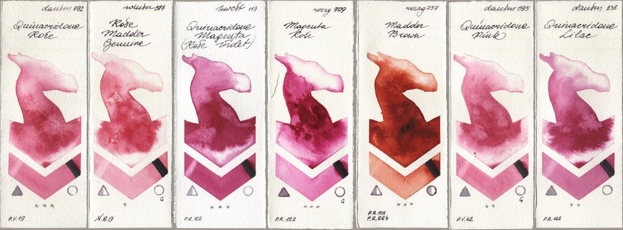 Daniel Smith 092 Quinacridone Rose, Winsor & Newton Professional 587 Rose Madder Genuine, Holbein Artists Watercolor 119 Quinacridone Magenta (Rose Violet), Rosa Gallery 709 Magenta Rose, 757 Madder Brown, 095 Quinacridone Pink, 236 Quinacridone Lil watercolor swatch