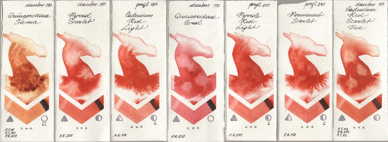 Daniel Smith 093 Quinacridone Sienna, 085 Pyrrol Scarlet, Golden QOR 195 Cadmium Red Light, 088 Quinacridone Coral, 200 Pyrrole Red Light, 230 Permanent Scarlet, 219 Cadmium Red Scarlet H watercolor swatch