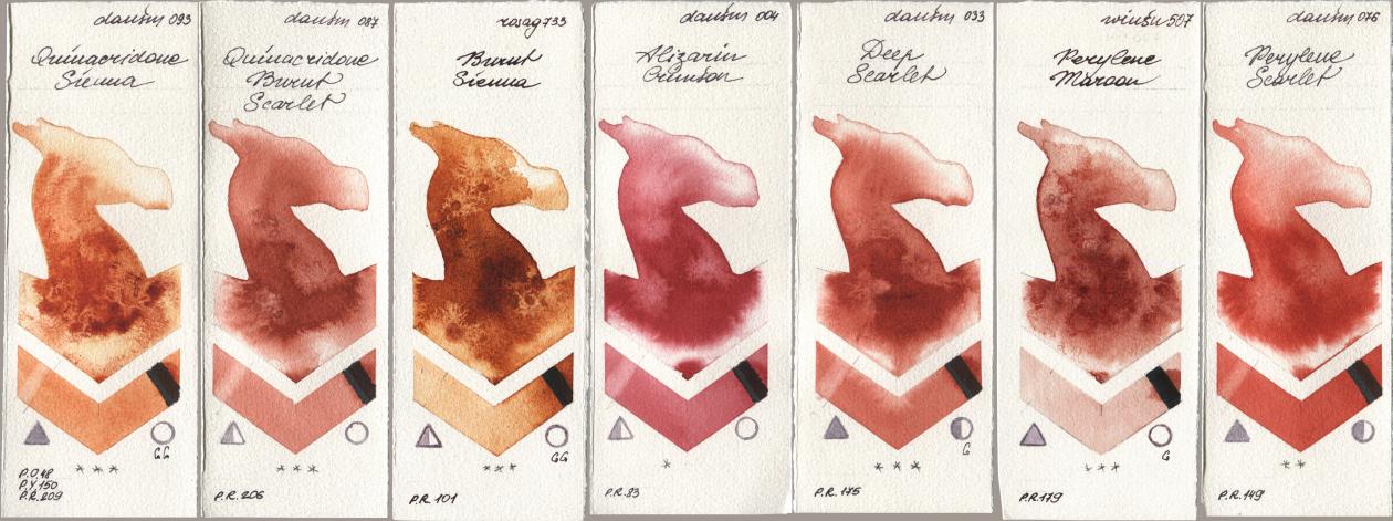 Daniel Smith 093 Quinacridone Sienna, 087 Quinacridone Burnt Scarlet, Rosa Gallery 733 Burnt Sienna, 004 Alizarin Crimson, 033 Deep Scarlet, Winsor & Newton Professional 507 Perylene Maroon, 076 Perylene Scarl watercolor swatch