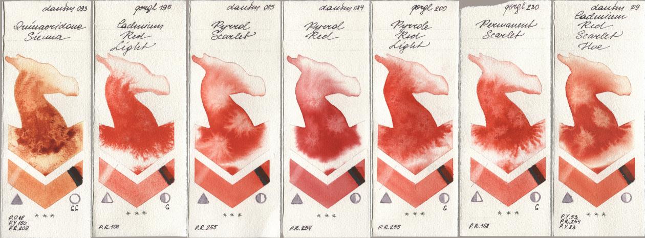 Daniel Smith 093 Quinacridone Sienna, Golden QOR 195 Cadmium Red Light, 085 Pyrrol Scarlet, 084 Pyrrol Red, 200 Pyrrole Red Light, 230 Permanent Scarlet, 219 Cadmium Red Scarlet H watercolor swatch