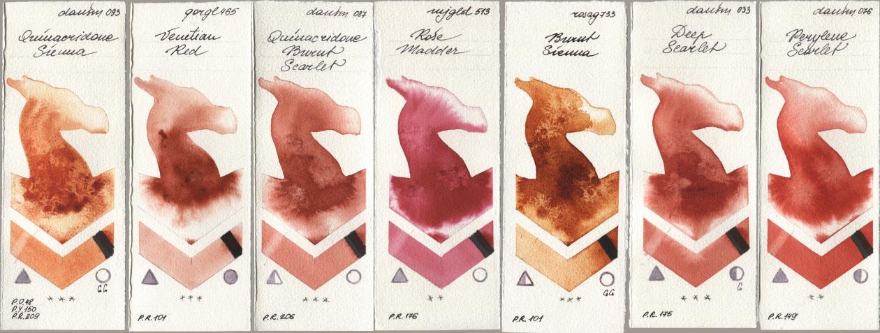 Daniel Smith 093 Quinacridone Sienna, Golden QOR 465 Venetian Red, 087 Quinacridone Burnt Scarlet, Mijello Mission Gold 513 Rose Madder, Rosa Gallery 733 Burnt Sienna, 033 Deep Scarlet, 076 Perylene Scarl watercolor swatch