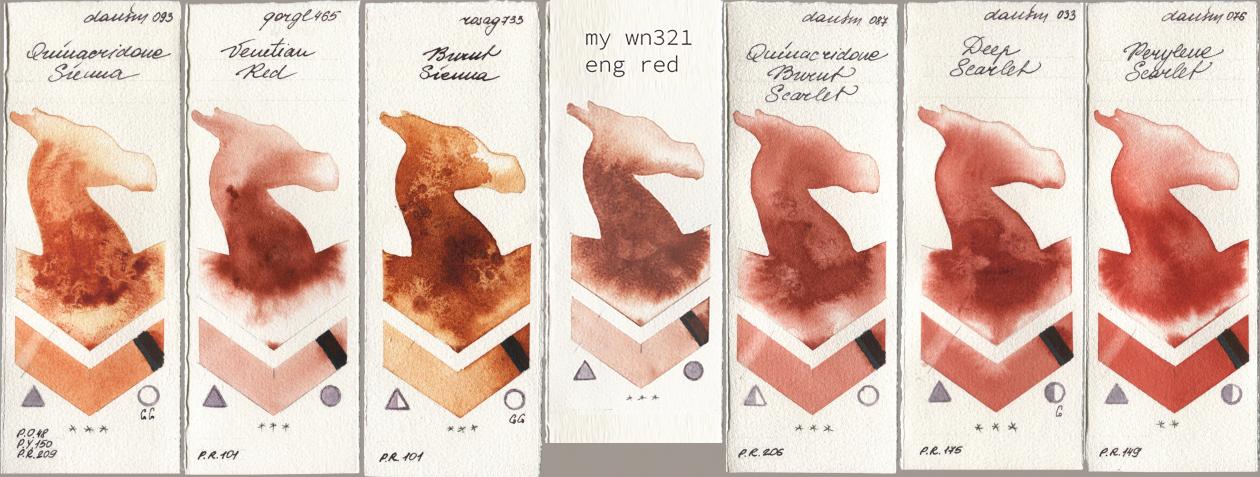 Daniel Smith 093 Quinacridone Sienna, Golden QOR 465 Venetian Red, Rosa Gallery 733 Burnt Sienna, my 034 eng red, 087 Quinacridone Burnt Scarlet, 033 Deep Scarlet, 076 Perylene Scarl watercolor swatch