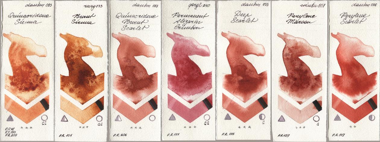 Daniel Smith 093 Quinacridone Sienna, Rosa Gallery 733 Burnt Sienna, 087 Quinacridone Burnt Scarlet, Golden QOR 240 Permanent Alizarin Crimson, 033 Deep Scarlet, Winsor & Newton Professional 507 Perylene Maroon, 076 Perylene Scarl watercolor swatch