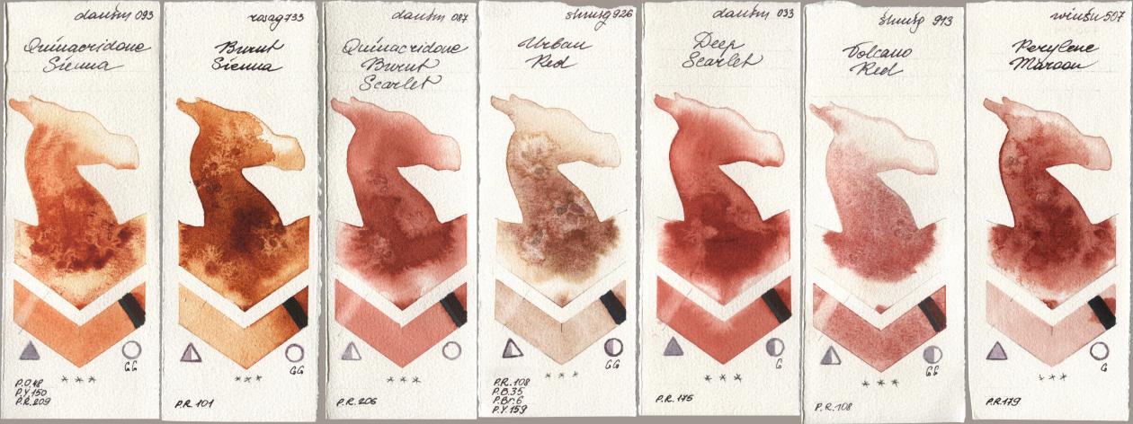 Daniel Smith 093 Quinacridone Sienna, Rosa Gallery 733 Burnt Sienna, 087 Quinacridone Burnt Scarlet, Shminke Horadam Aquarell 926 Urban Red, 033 Deep Scarlet, 913 Volcano Red, Winsor & Newton Professional 507 Perylene Maro watercolor swatch