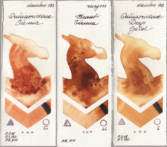 Daniel Smith 093 Quinacridone Sienna, Rosa Gallery 733 Burnt Sienna, 152 Quinacridone Deep Go watercolor swatch