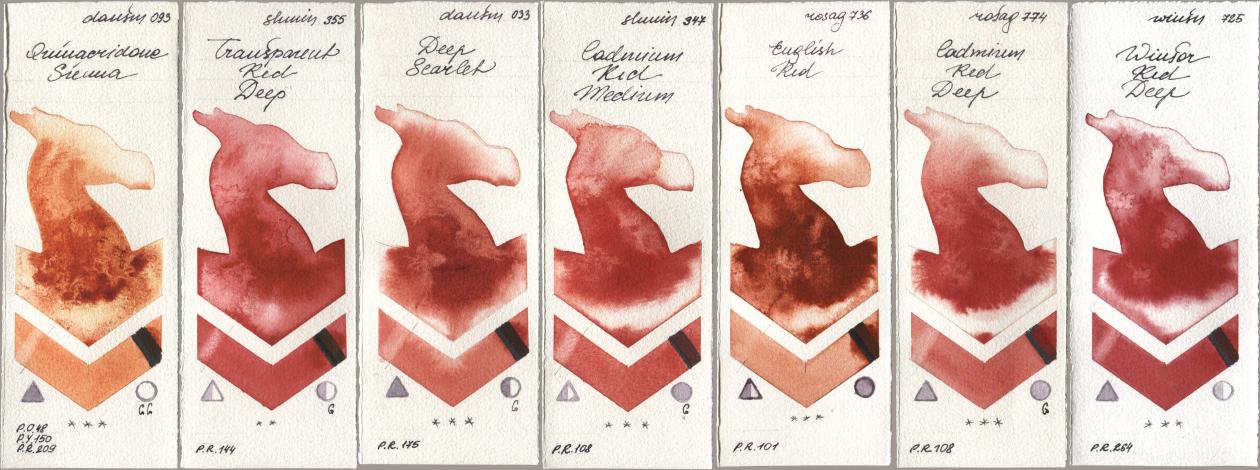 Daniel Smith 093 Quinacridone Sienna, Shminke Horadam Aquarell 355 Transparent Red Deep, 033 Deep Scarlet, 347 Cadmium Red Medium, Rosa Gallery 736 English Red, 774 Cadmium Red Deep, Winsor & Newton Professional 725 Winsor Red De watercolor swatch