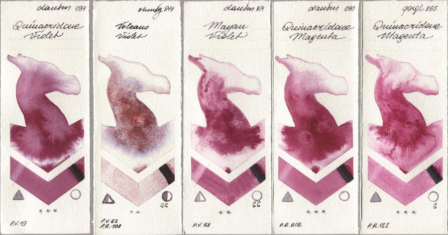 Daniel Smith 094 Quinacridone Violet, Shminke Horadam Aquarell 914 Volcano Violet, 214 Mayan Violet, 090 Quinacridone Magenta, Golden QOR 265 Quinacridone Magen watercolor swatch