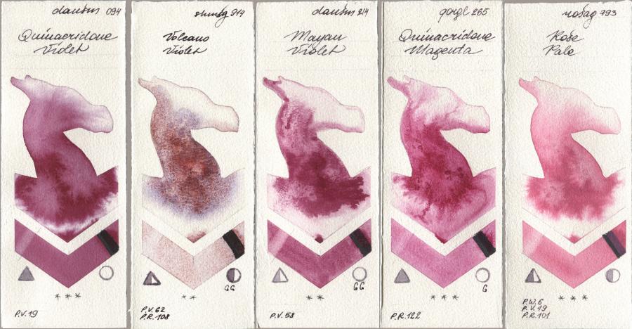 Daniel Smith 094 Quinacridone Violet, Shminke Horadam Aquarell 914 Volcano Violet, 214 Mayan Violet, Golden QOR 265 Quinacridone Magenta, Rosa Gallery 793 Rose Pa watercolor swatch