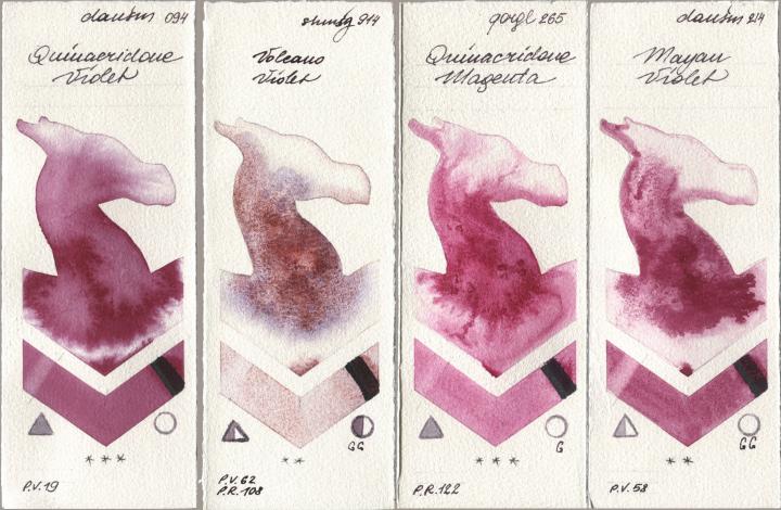Daniel Smith 094 Quinacridone Violet, Shminke Horadam Aquarell 914 Volcano Violet, Golden QOR 265 Quinacridone Magenta, 214 Mayan Viol watercolor swatch