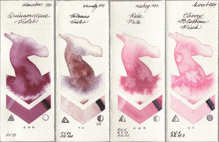 Daniel Smith 094 Quinacridone Violet, Shminke Horadam Aquarell 914 Volcano Violet, Rosa Gallery 793 Rose Pale, Kuretake Gansai Tambi 014 Cherry Blossom Pi watercolor swatch