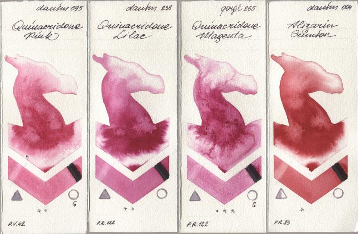 Daniel Smith 095 Quinacridone Pink, 236 Quinacridone Lilac, Golden QOR 265 Quinacridone Magenta, 004 Alizarin Crims watercolor swatch