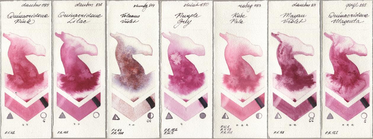 Daniel Smith 095 Quinacridone Pink, 236 Quinacridone Lilac, Shminke Horadam Aquarell 914 Volcano Violet, Shinhan PWC 650 Purple Grey, Rosa Gallery 793 Rose Pale, 214 Mayan Violet, Golden QOR 265 Quinacridone Magen watercolor swatch