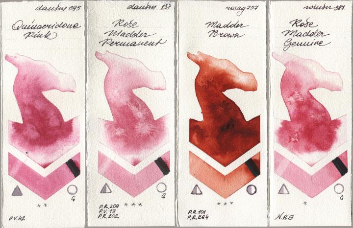 Daniel Smith 095 Quinacridone Pink, 237 Rose Madder Permanent, Rosa Gallery 757 Madder Brown, Winsor & Newton Professional 587 Rose Madder Genui watercolor swatch
