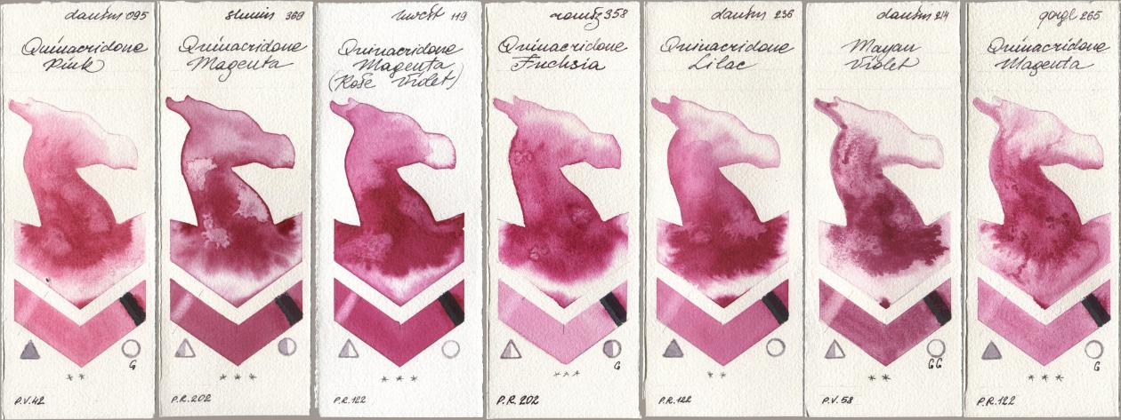 Daniel Smith 095 Quinacridone Pink, Shminke Horadam Aquarell 369 Quinacridone Magenta, Holbein Artists Watercolor 119 Quinacridone Magenta (Rose Violet), Roman Szmal Aquarius 358 Quinacridone Fuchsia, 236 Quinacridone Lilac, 214 Mayan Violet, Golden QOR 265 Quinacridone Magen watercolor swatch