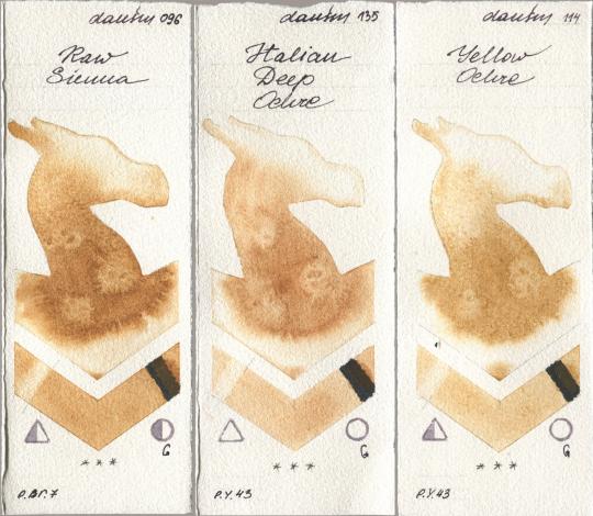 Daniel Smith 096 Raw Sienna, 135 Italian Deep Ochre, 114 Yellow Och watercolor swatch