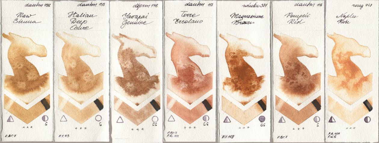 Daniel Smith 096 Raw Sienna, 135 Italian Deep Ochre, 146 Yavapai Genuine, 117 Terre Ercolano, Winsor & Newton Professional 381 Magnesuim Brown, 116 Pompeii Red, Rosa Gallery 748 Naples Ro watercolor swatch