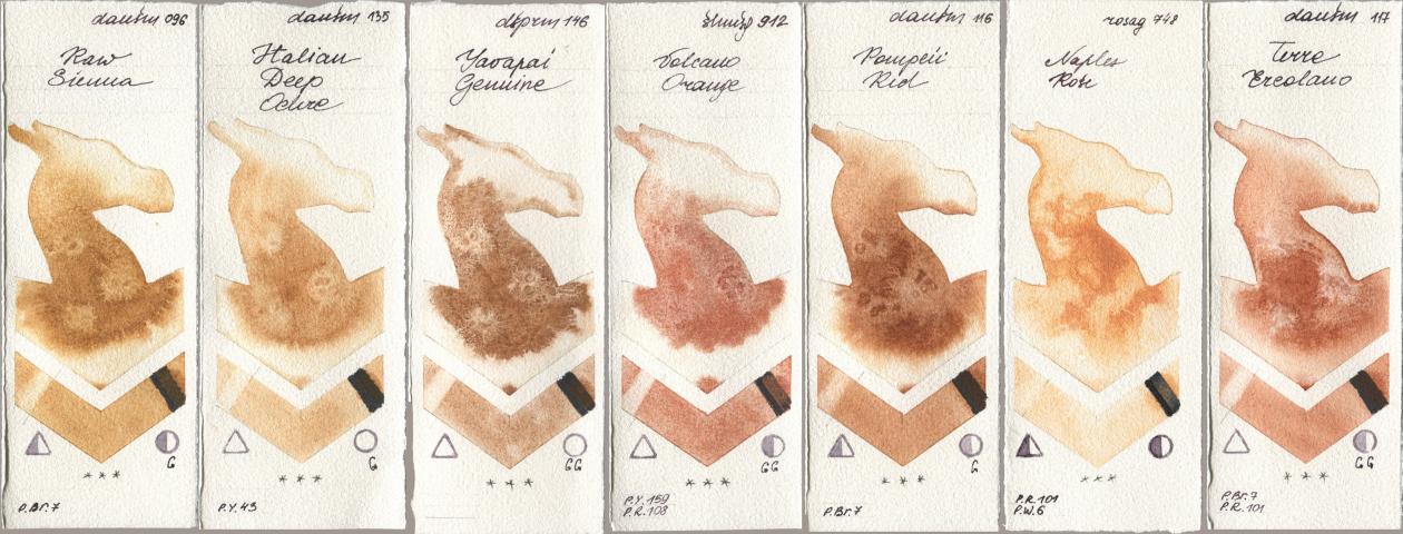 Daniel Smith 096 Raw Sienna, 135 Italian Deep Ochre, 146 Yavapai Genuine, Shminke Horadam Aquarell 912 Volcano Orange, 116 Pompeii Red, Rosa Gallery 748 Naples Rose, 117 Terre Ercola watercolor swatch