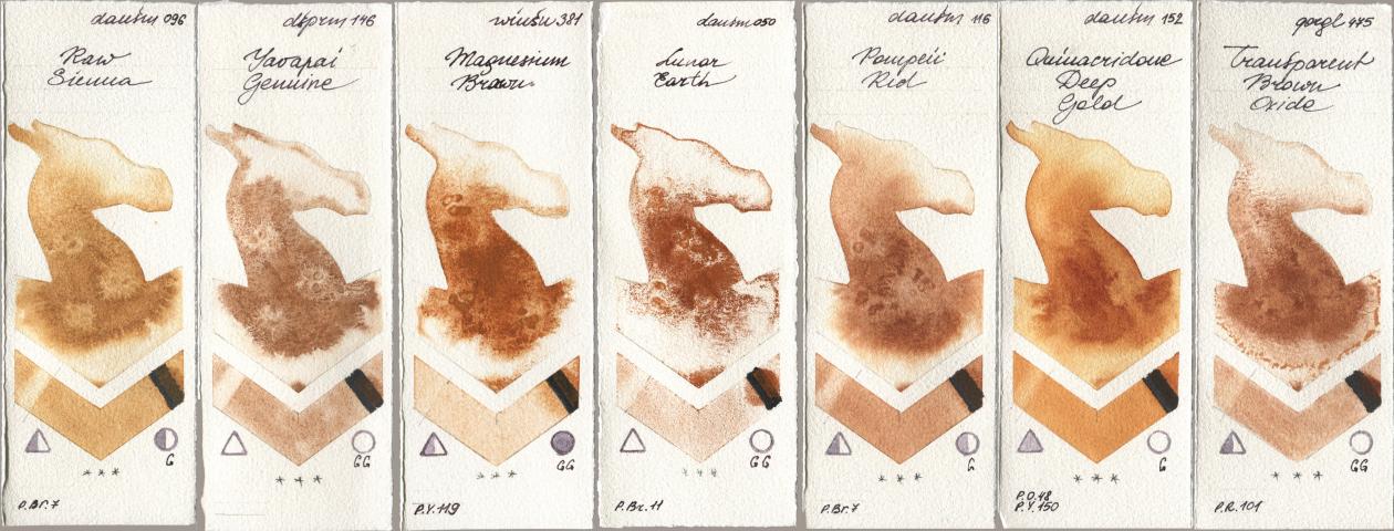 Daniel Smith 096 Raw Sienna, 146 Yavapai Genuine, Winsor & Newton Professional 381 Magnesuim Brown, 050 Lunar Earth, 116 Pompeii Red, 152 Quinacridone Deep Gold, Golden QOR 475 Transparent Brown Oxi watercolor swatch