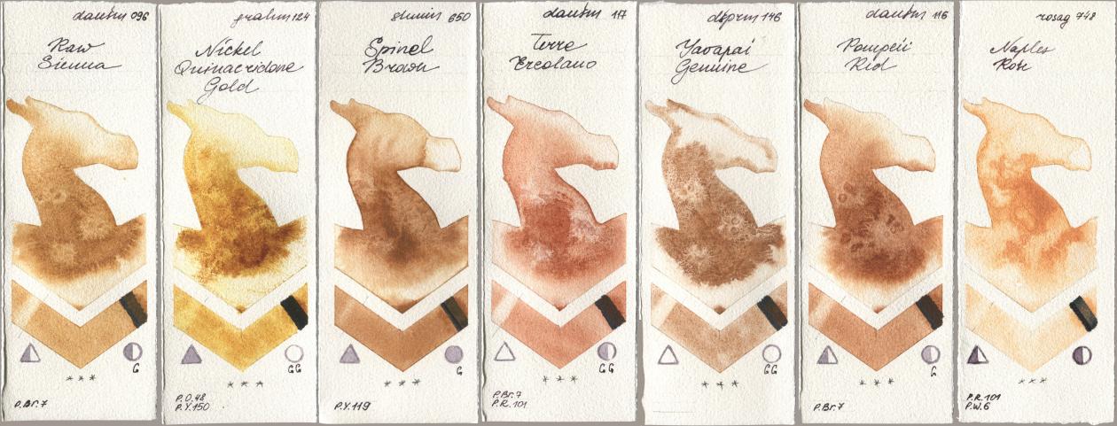 Daniel Smith 096 Raw Sienna, M. Graham & Co. Artists 124 Nickel Quinacridone Gold, Shminke Horadam Aquarell 650 Spinel Brown, 117 Terre Ercolano, 146 Yavapai Genuine, 116 Pompeii Red, Rosa Gallery 748 Naples Ro watercolor swatch