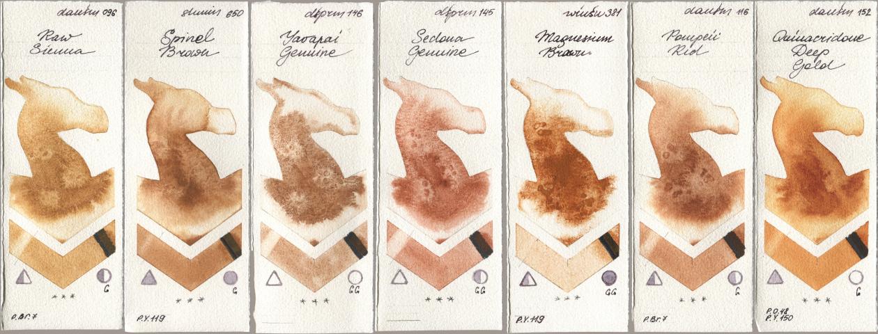 Daniel Smith 096 Raw Sienna, Shminke Horadam Aquarell 650 Spinel Brown, 146 Yavapai Genuine, 145 Sedona Genuine, Winsor & Newton Professional 381 Magnesuim Brown, 116 Pompeii Red, 152 Quinacridone Deep Go watercolor swatch