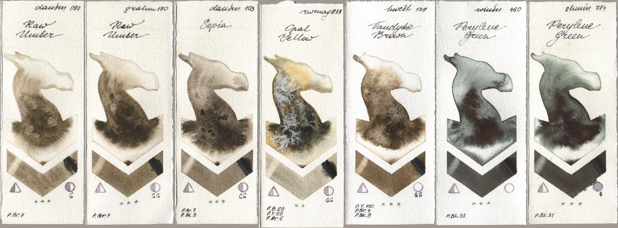 Daniel Smith 097 Raw Umber, M. Graham & Co. Artists 170 Raw Umber, 103 Sepia, Rockwell 233 Opal Yellow, Holbein Artists Watercolor 139 Vandyke Brown, Winsor & Newton Professional 460 Perylene Green, Shminke Horadam Aquarell 784 Perylene Gre watercolor swatch