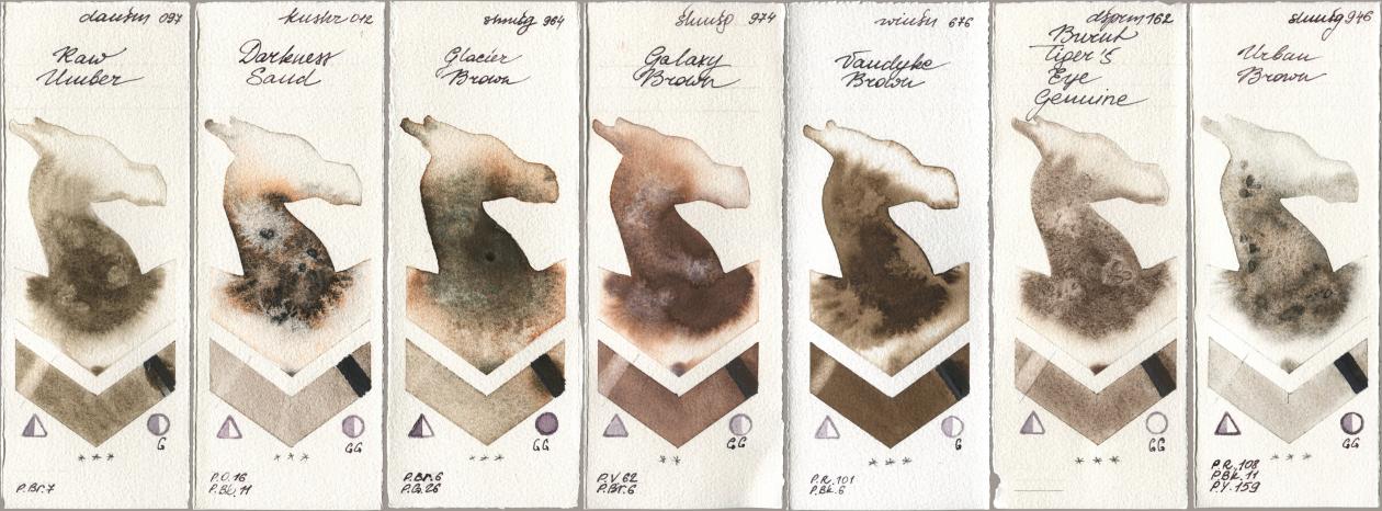 Daniel Smith 097 Raw Umber, Kusakabe 012 Darkness Sand, Shminke Horadam Aquarell 964 Glacier Brown, 974 Galaxy Brown, Winsor & Newton Professional 676 Vandyke Brown, 162 Burnt Tigers Eye Genuine, 946 Urban Bro watercolor swatch