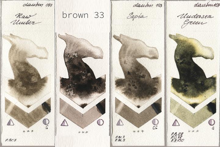 Daniel Smith 097 Raw Umber, my 033 brown33, 103 Sepia, 109 Undersea Gre watercolor swatch