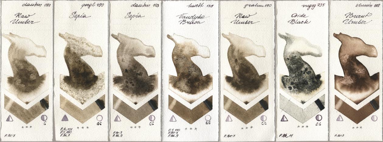 Daniel Smith 097 Raw Umber, Golden QOR 490 Sepia, 103 Sepia, Holbein Artists Watercolor 139 Vandyke Brown, M. Graham & Co. Artists 170 Raw Umber, Royal Talens Van Gogh Watercolour 735 Oxide Black, Shminke Horadam Aquarell 668 Burnt Umb watercolor swatch