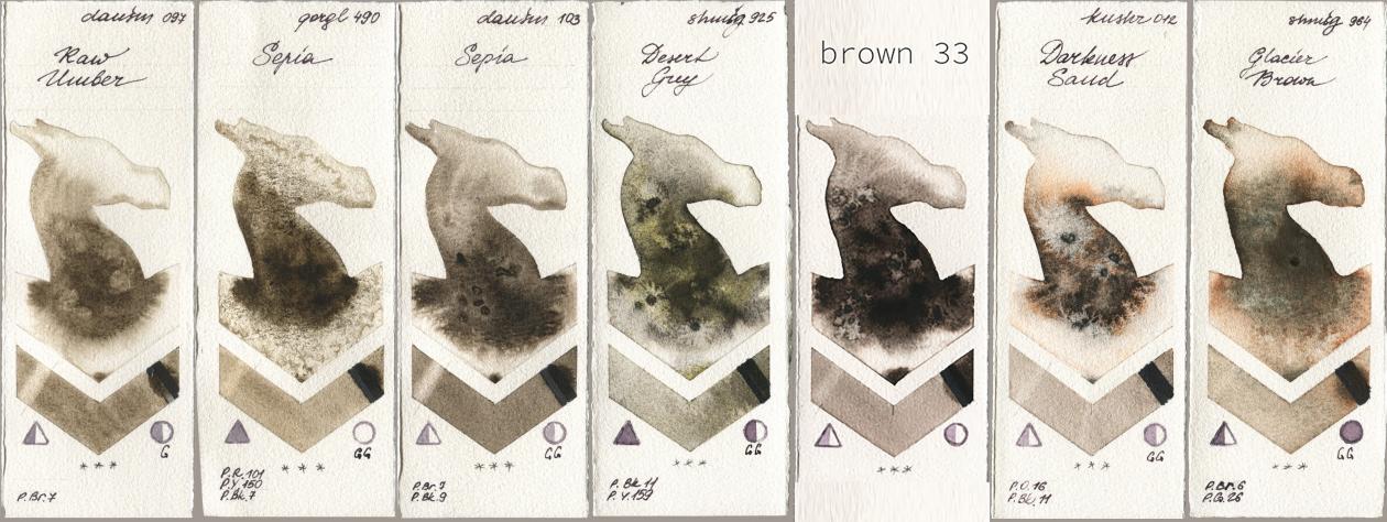 Daniel Smith 097 Raw Umber, Golden QOR 490 Sepia, 103 Sepia, Shminke Horadam Aquarell 925 Desert Grey, my 033 brown33, Kusakabe 012 Darkness Sand, 964 Glacier Bro watercolor swatch