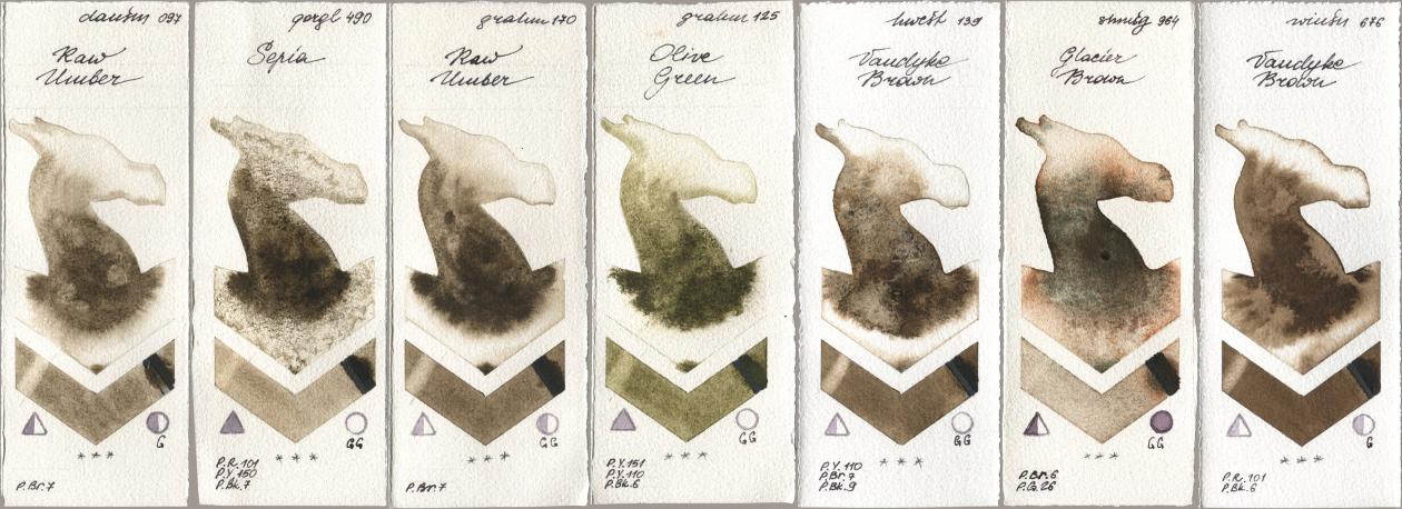 Daniel Smith 097 Raw Umber, Golden QOR 490 Sepia, M. Graham & Co. Artists 170 Raw Umber, 125 Olive Green, Holbein Artists Watercolor 139 Vandyke Brown, Shminke Horadam Aquarell 964 Glacier Brown, Winsor & Newton Professional 676 Vandyke Bro watercolor swatch