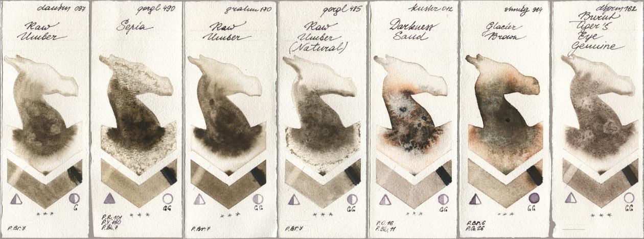 Daniel Smith 097 Raw Umber, Golden QOR 490 Sepia, M. Graham & Co. Artists 170 Raw Umber, 485 Raw Umber (Natural), Kusakabe 012 Darkness Sand, Shminke Horadam Aquarell 964 Glacier Brown, 162 Burnt Tigers Eye Genui watercolor swatch
