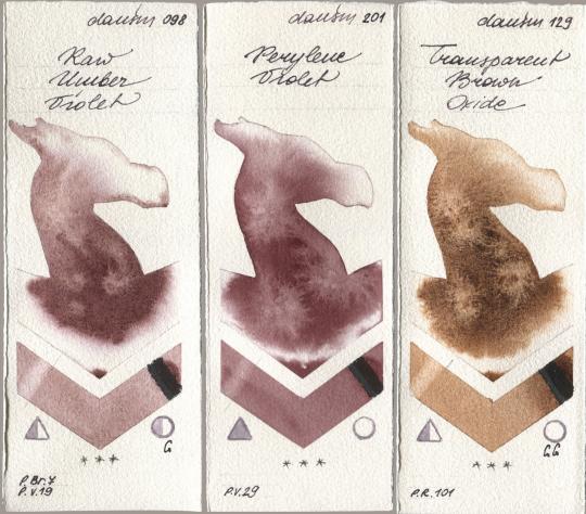 Daniel Smith 098 Raw Umber Violet, 201 Perylene Violet, 129 Transparent Brown Oxi watercolor swatch