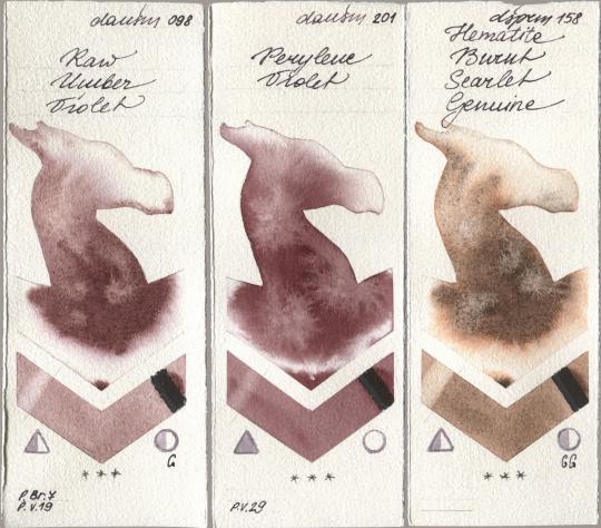 Daniel Smith 098 Raw Umber Violet, 201 Perylene Violet, 158 Hematite Burnt Scarlet Genui watercolor swatch