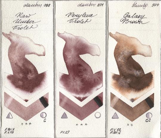 Daniel Smith 098 Raw Umber Violet, 201 Perylene Violet, Shminke Horadam Aquarell 974 Galaxy Bro watercolor swatch